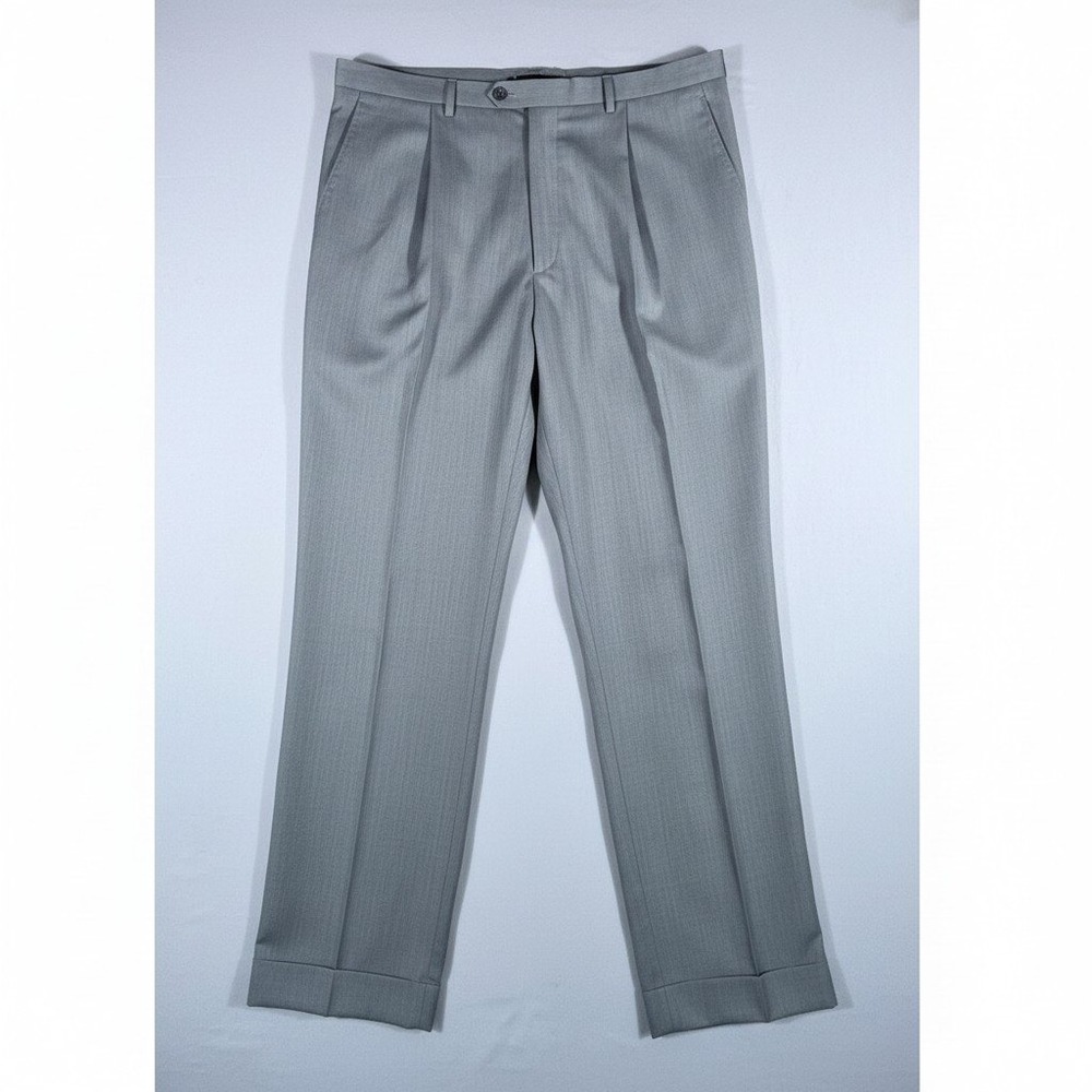 Lauren Ralph Lauren Men's 44x32 Gray Herringbone Pleated Cuffed Dress Pants - Picture 1 of 9